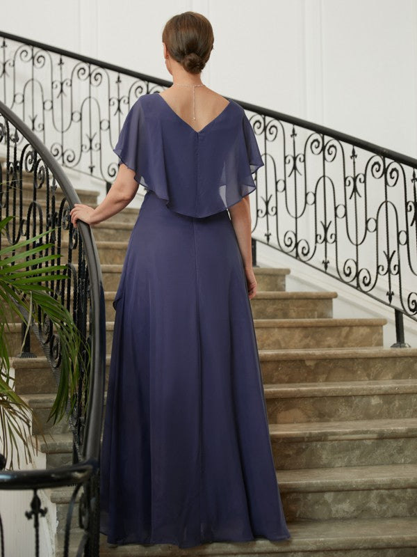 Wholesale A-Line/Princess Chiffon Beading V-neck Short Sleeves Asymmetrical Mother of the Bride Dresses